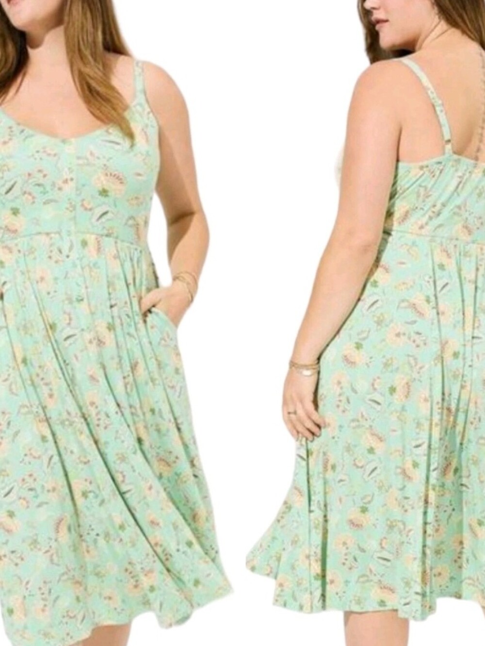 Torrid NWT Midi Super Soft Button-Front Skater Dress Size 2X Green Floral Pocket - Picture 2 of 12